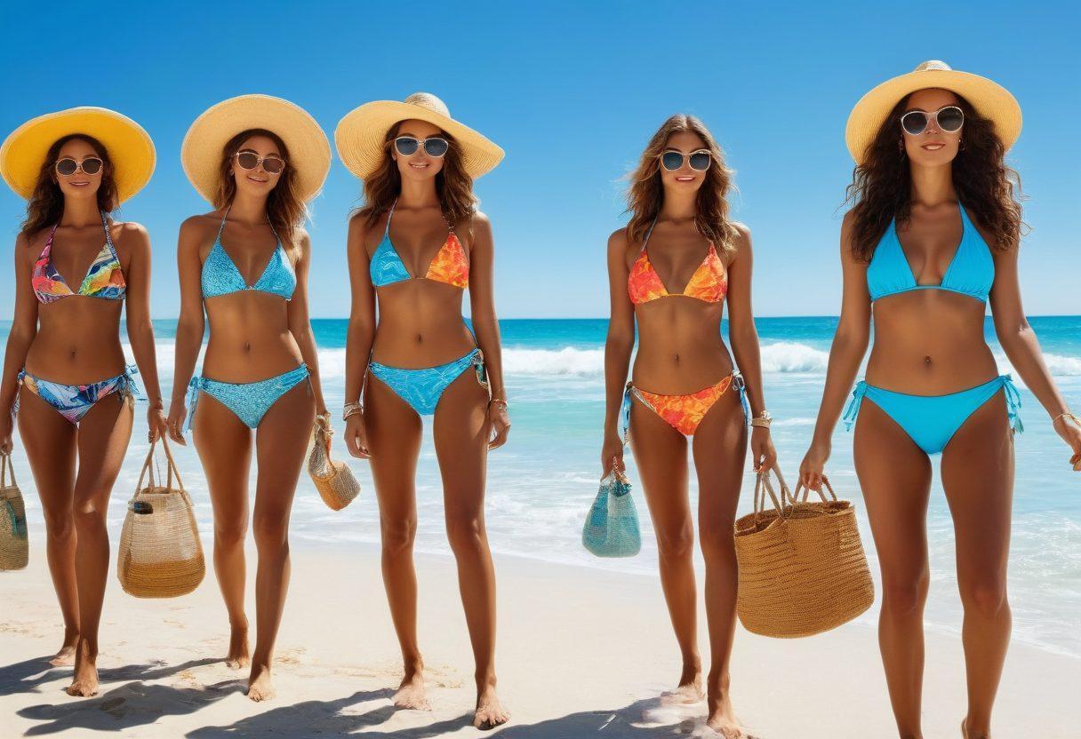 A glamorous beach scene showcasing diverse models confidently wearing stylish bikinis and swim attire, each demonstrating unique fashion flair and vibrant colors. Incorporate playful beach accessories like oversized hats, sunglasses, and chic beach bags. Sun-soaked waves in the background shimmer under a clear blue sky, setting a vibrant and uplifting mood. Emphasize the fun and sassy vibes of beach fashion. tropical style. bright colors. super-realistic.